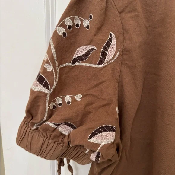 Joie Brown Puff Sleeve Blouse with Embroidery - Picture 2 of 6